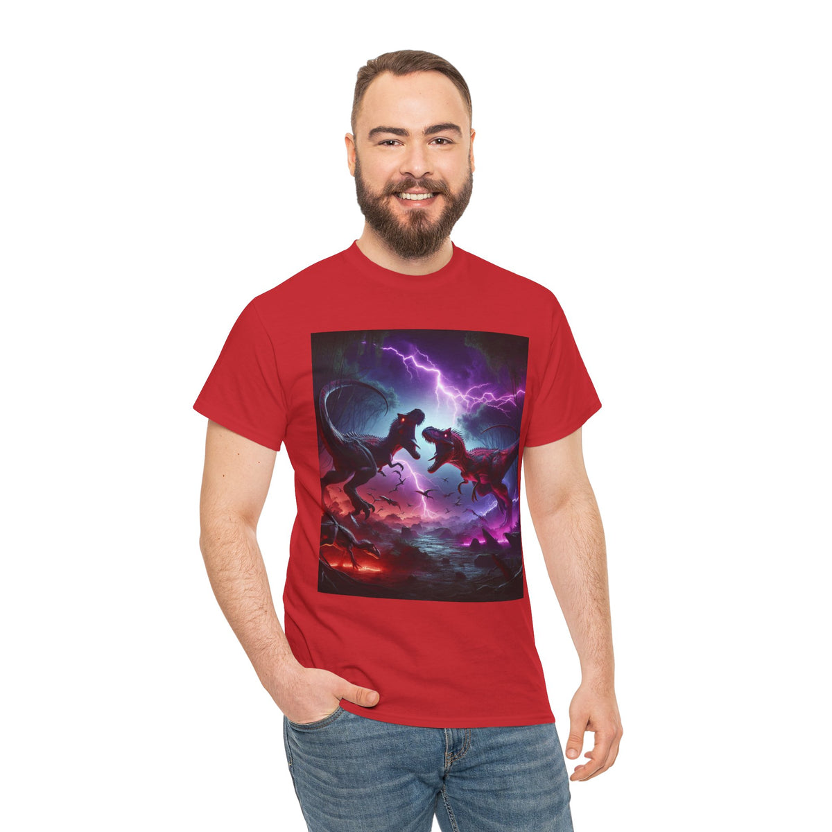 Dino Duel Unisex Heavy Cotton Tee - Bold Graphic Tee for Dinosaur Lovers