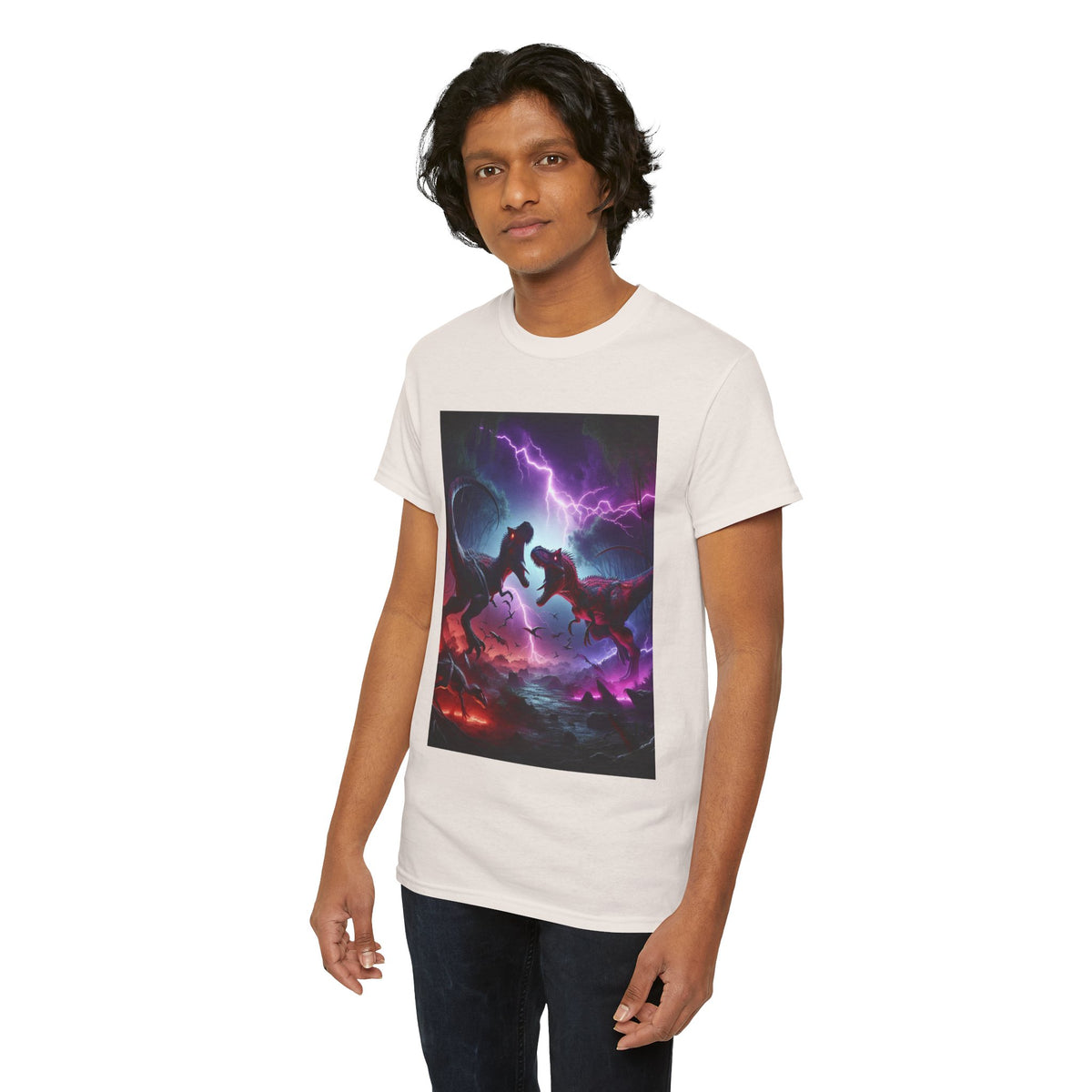 Dino Duel Unisex Heavy Cotton Tee - Bold Graphic Tee for Dinosaur Lovers