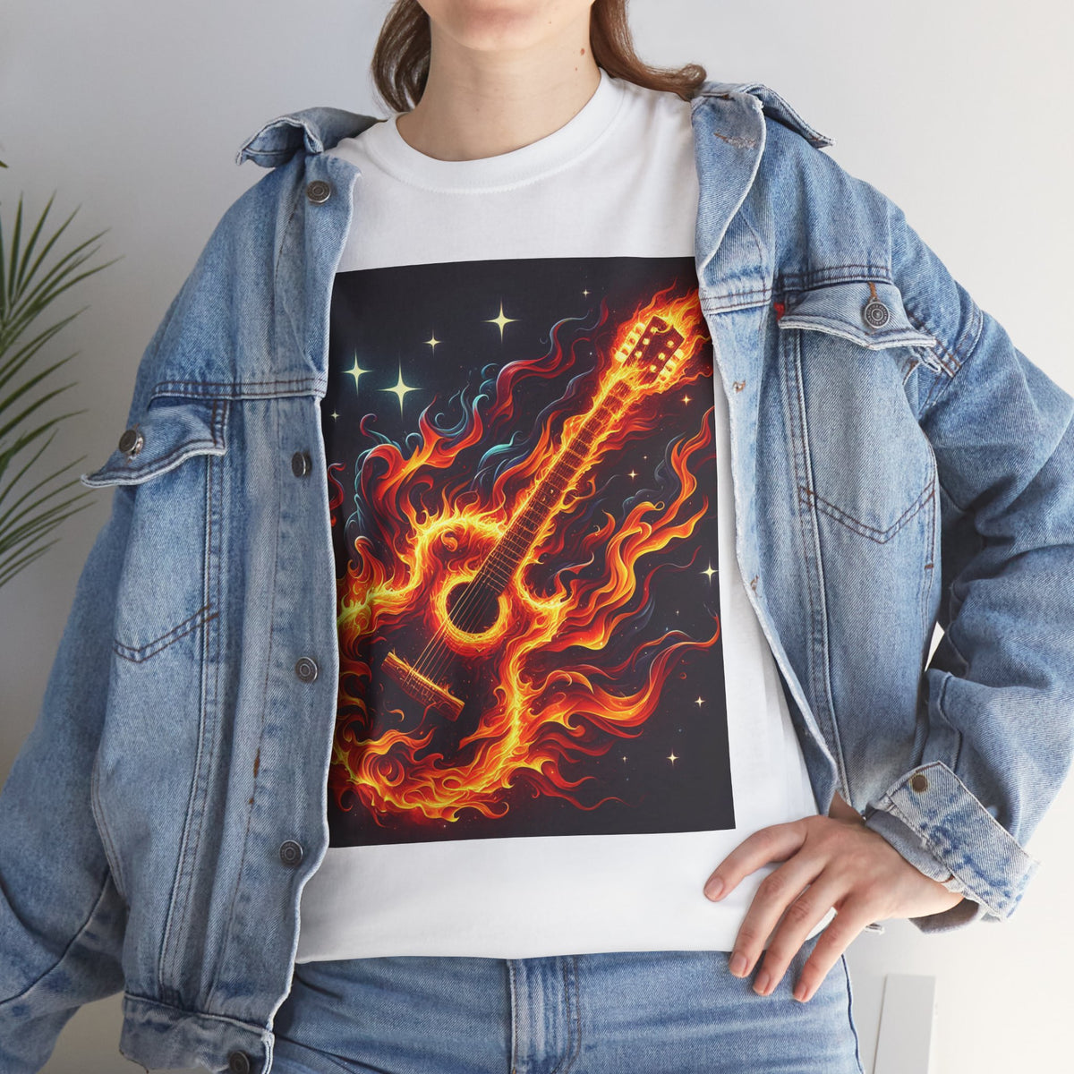 Flaming Guitar Heavy Cotton Tee – Perfect for Music Lovers